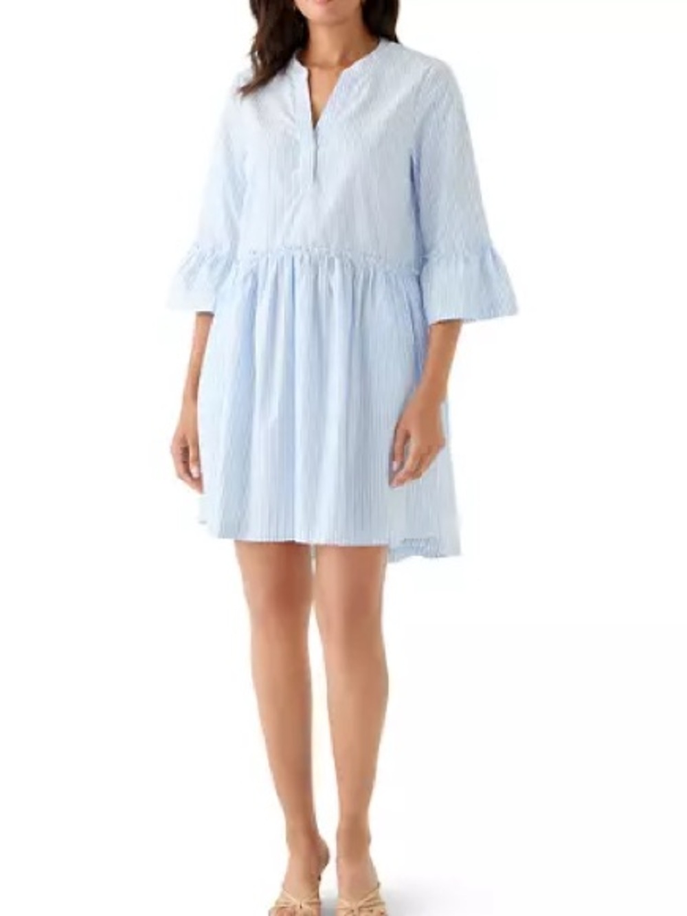 Crown & Ivy Light Blue Striped Ruffle Sleeve Tunic Dress